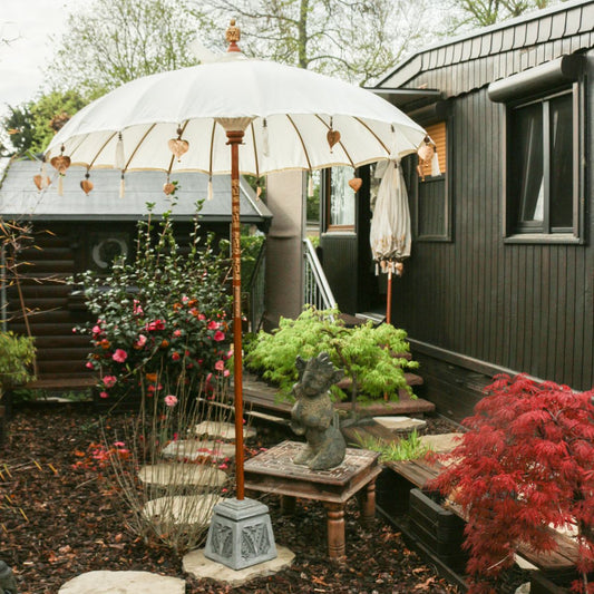 XXL Bali Sonnenschirm Balinesischer Schirm Garten Baumwolle Sonnenschutz Handarbeit Retro Vintage Dekoschirm 2-teilig ca. 220 Ø cm Creme Weiß