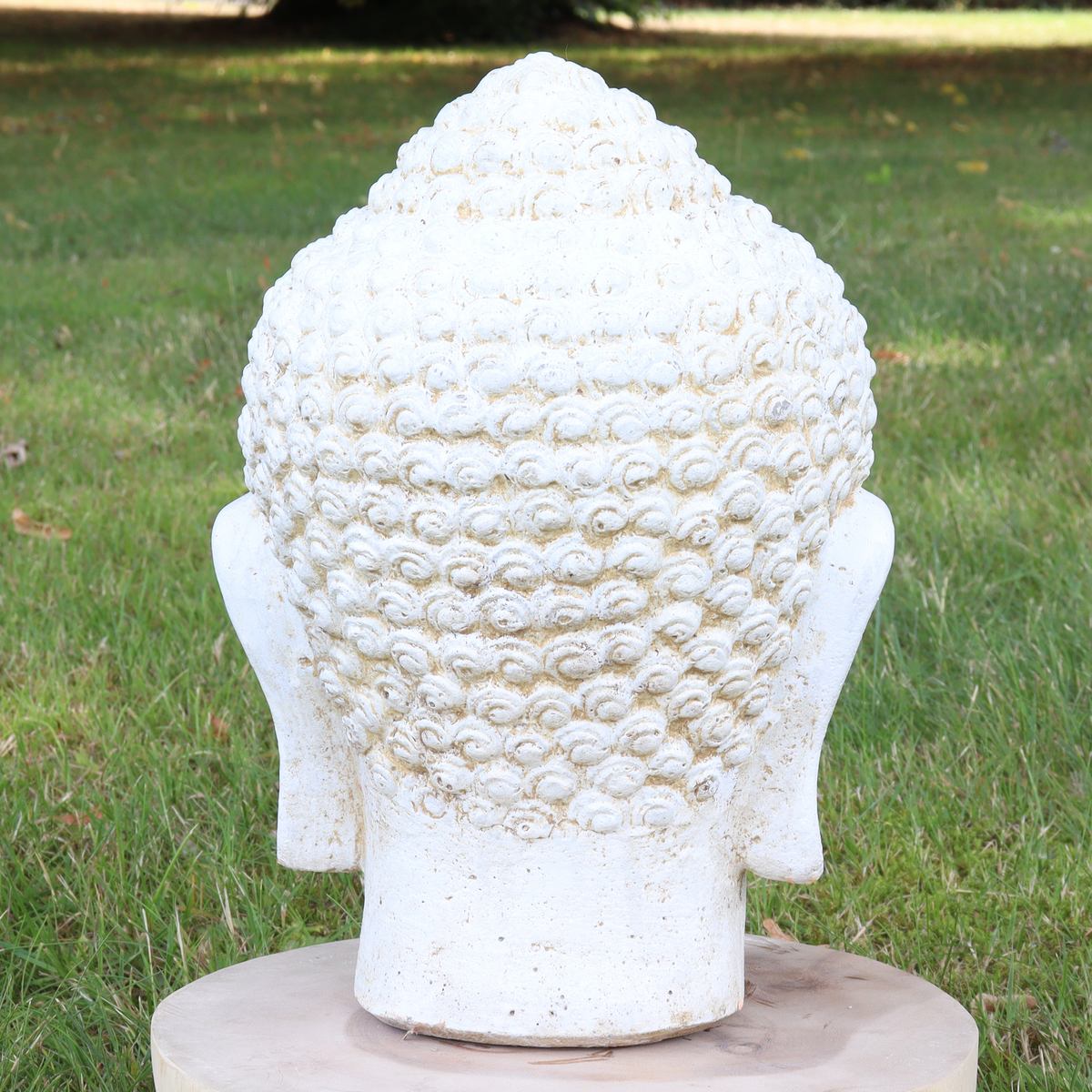 Buddha Kopf Head Steinfigur Skulptur Stein Lavasand Bali Garten Deko handgefertigt aus Bali Weiß 33 cm