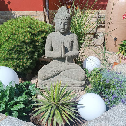 Buddha Stein Figur Statue Gartenfigur Steinfigur Dekofigur Gartendeko sitzend Massiv aus Greenstone Greetings 100 cm