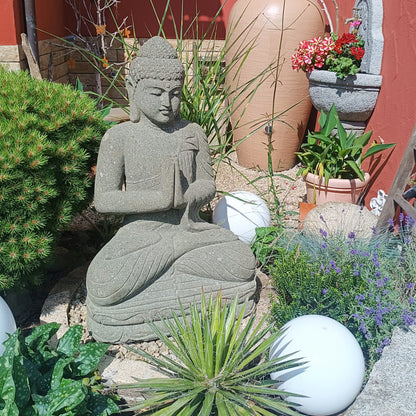 Buddha Stein Figur Statue Gartenfigur Steinfigur Dekofigur Gartendeko sitzend Massiv aus Greenstone Greetings 100 cm