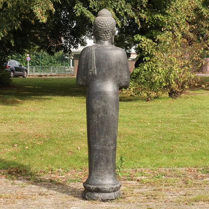 XXL Buddha Statue Lebensgroß Figur Skulptur Stehend Asien Indonesien Deko Steinguss Lavastein Gartenfigur Greetings 190 cm