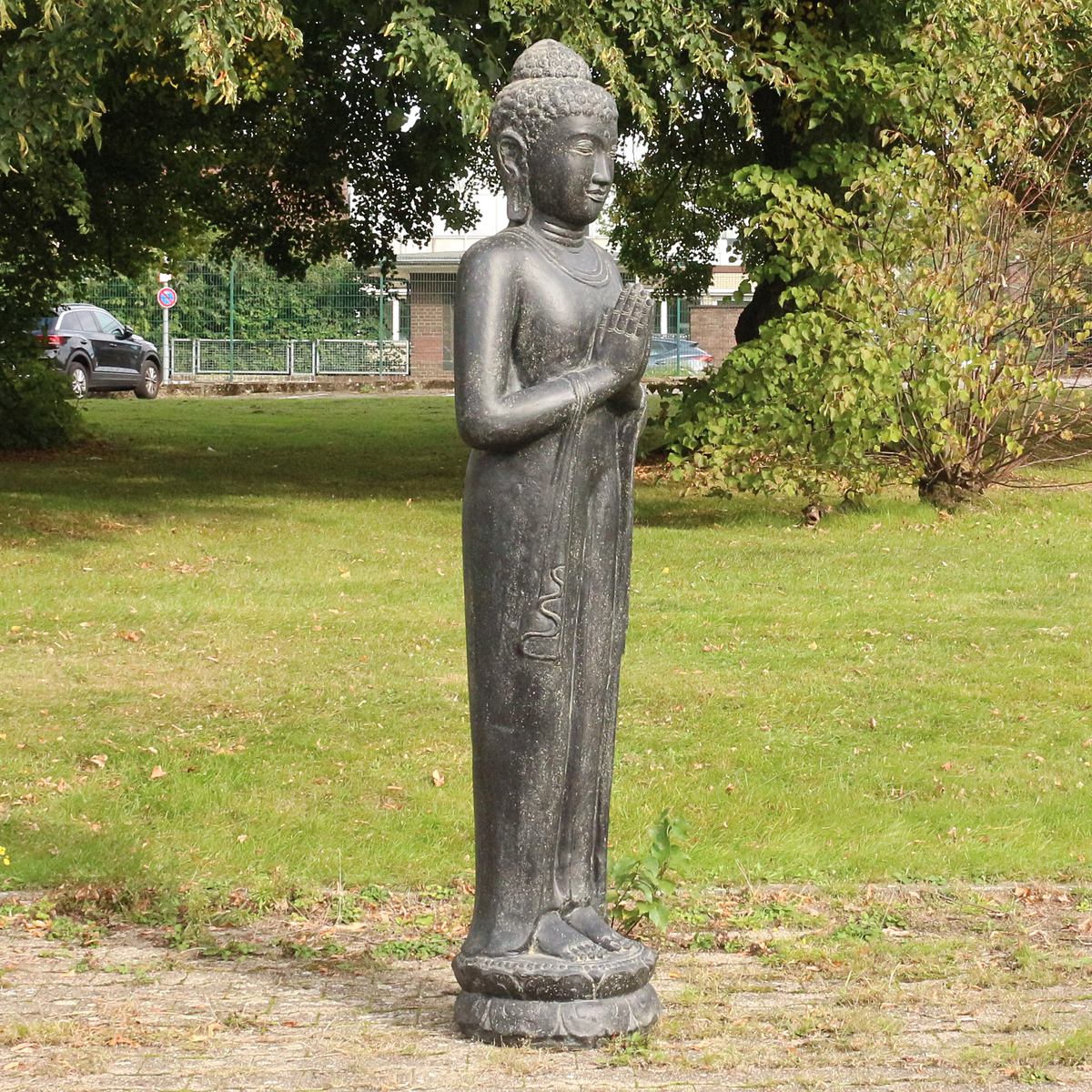 XXL Buddha Statue Lebensgroß Figur Skulptur Stehend Asien Indonesien Deko Steinguss Lavastein Gartenfigur Greetings 190 cm