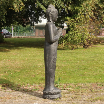 XXL Buddha Statue Lebensgroß Figur Skulptur Stehend Asien Indonesien Deko Steinguss Lavastein Gartenfigur Greetings 190 cm