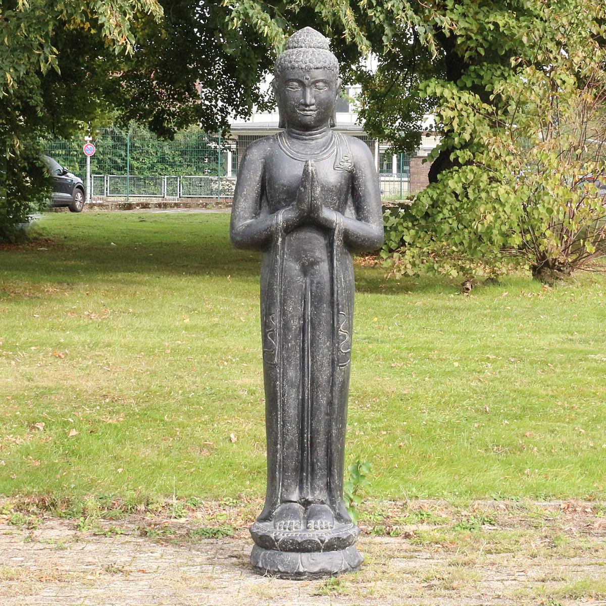 XXL Buddha Statue Lebensgroß Figur Skulptur Stehend Asien Indonesien Deko Steinguss Lavastein Gartenfigur Greetings 190 cm