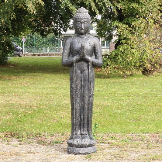XXL Buddha Statue Lebensgroß Figur Skulptur Stehend Asien Indonesien Deko Steinguss Lavastein Gartenfigur Greetings 190 cm