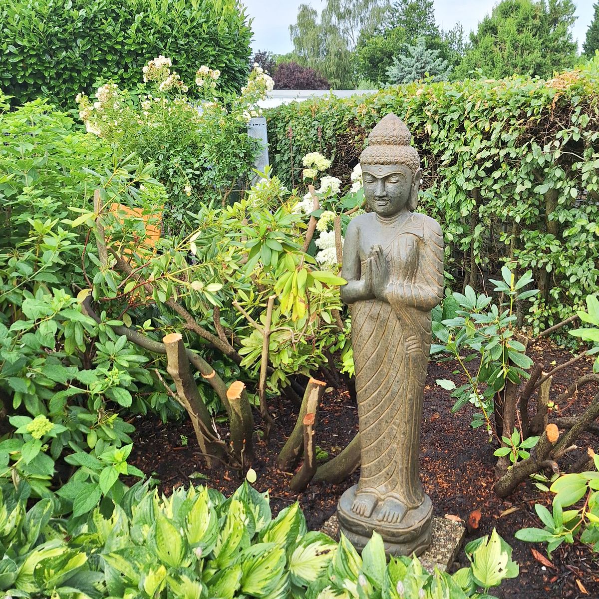 Buddha Stein Figur Statue Gartenfigur Steinfigur Dekofigur Gartendeko stehend Greenstone Antik Greetings 150 cm