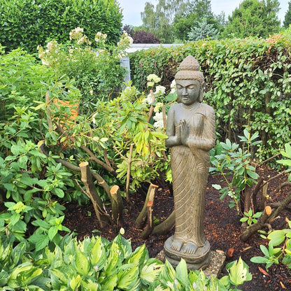 Buddha Stein Figur Statue Gartenfigur Steinfigur Dekofigur Gartendeko stehend Greenstone Antik Greetings 150 cm