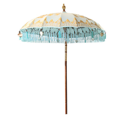 Türkiser Bali Garten-Sonnenschirm,180 cm Gold Fransen Emilia