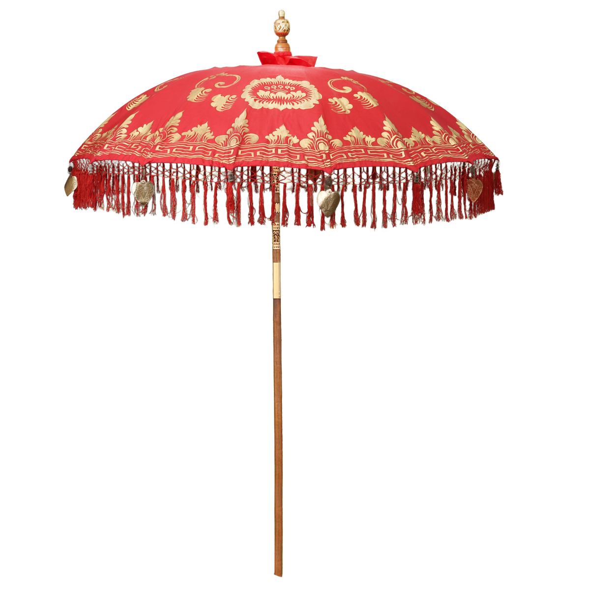 Sonnenschirm Bali Schirm 180 cm Rot, Gold Bemalung Fransen, Gartenschirm Baumwolle Sonnenschutz Handarbeit Dekoschirm Model Rubin
