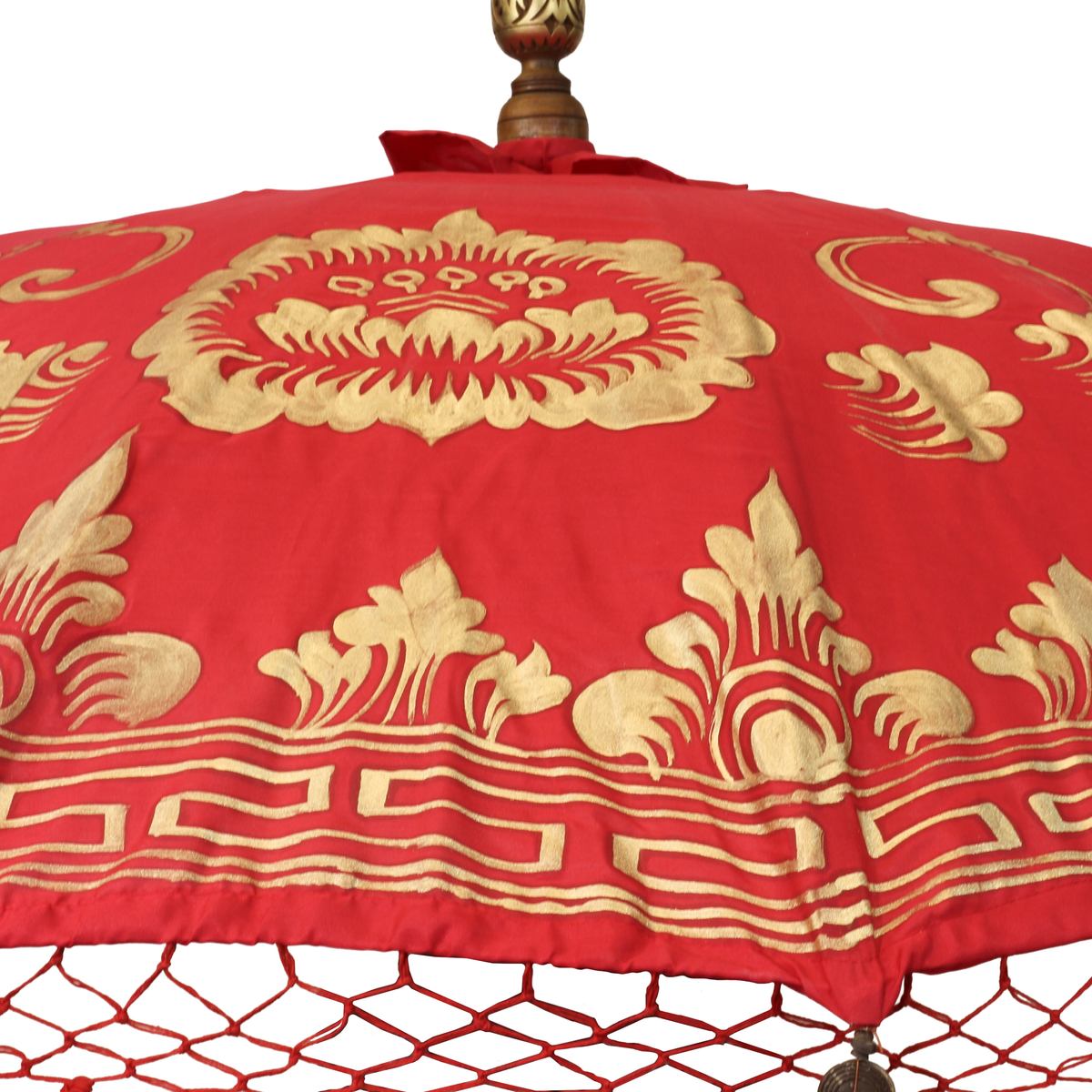 Sonnenschirm Bali Schirm 180 cm Rot, Gold Bemalung Fransen, Gartenschirm Baumwolle Sonnenschutz Handarbeit Dekoschirm Model Rubin