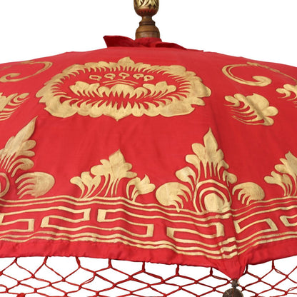 Sonnenschirm Bali Schirm 180 cm Rot, Gold Bemalung Fransen, Gartenschirm Baumwolle Sonnenschutz Handarbeit Dekoschirm Model Rubin