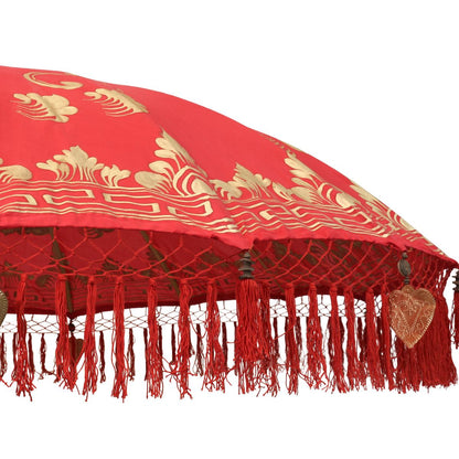 Sonnenschirm Bali Schirm 180 cm Rot, Gold Bemalung Fransen, Gartenschirm Baumwolle Sonnenschutz Handarbeit Dekoschirm Model Rubin