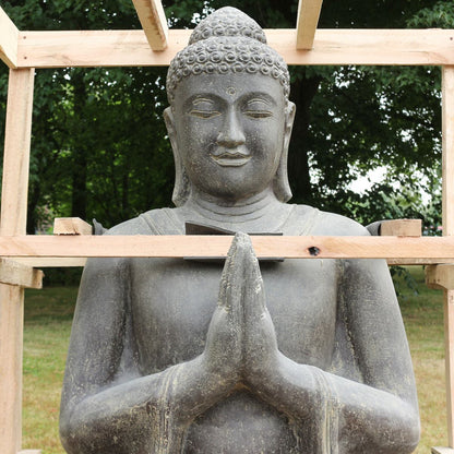 XXL Buddha Figur sitzend Skulptur Lotussitz Meditationsgeste Stein Lavasand Bali Steinfigur Garten Deko Greetings 150 cm