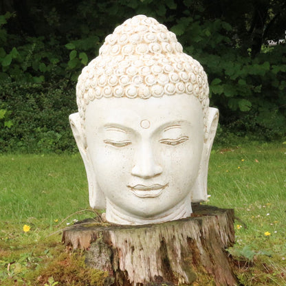 Buddha Kopf Figur Skulptur Stein Lavasand Bali Steinfigur Gartenfigur Buddhakopf Garten Deko Weiß 100 cm
