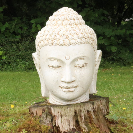 Buddha Kopf Figur Skulptur Stein Lavasand Bali Steinfigur Gartenfigur Buddhakopf Garten Deko Weiß 100 cm