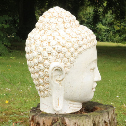 Buddha Kopf Figur Garten Weiß Marmor Optik 