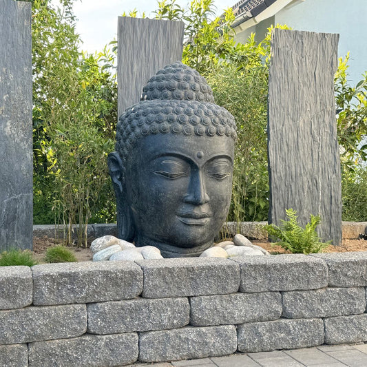 Buddha Kopf Figur Skulptur Stein Lavasand Bali Steinfigur Gartenfigur Buddhakopf Garten Deko 100 cm