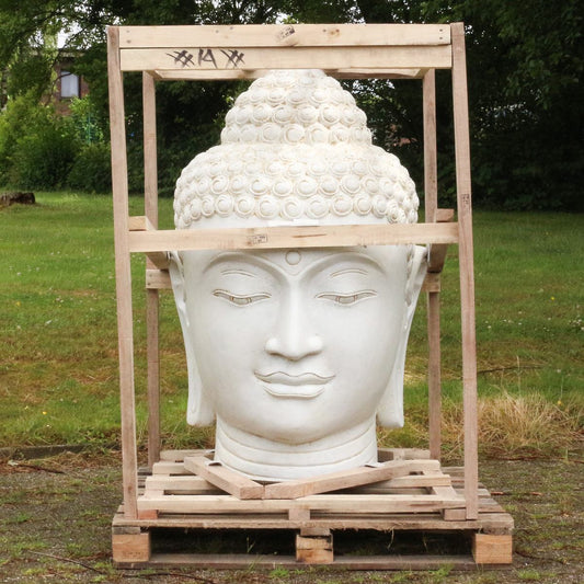 Buddha Kopf Figur Skulptur Stein Lavasand Bali Steinfigur Gartenfigur Buddhakopf Garten Deko Weiß 125 cm