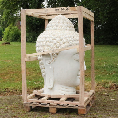 Buddha Kopf Figur Skulptur Stein Lavasand Bali Steinfigur Gartenfigur Buddhakopf Garten Deko Weiß 125 cm