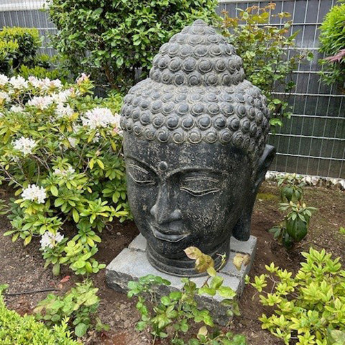Buddha Kopf Figur Skulptur Stein Lavasand Bali Steinfigur Gartenfigur Buddhakopf Garten Deko Schwarz 120 cm