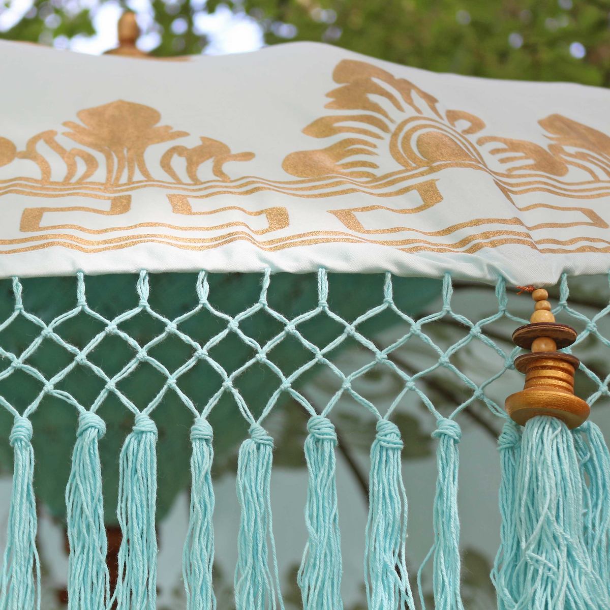 Türkiser Bali Garten-Sonnenschirm,180 cm Gold Fransen Emilia