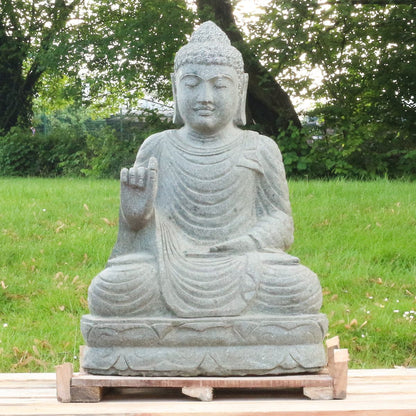 Buddha Stein Figur Statue Gartenfigur Steinfigur Dekofigur Gartendeko sitzend Massiv aus Greenstone Abaya 100 cm