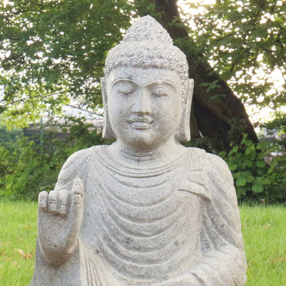Buddha Stein Figur Statue Gartenfigur Steinfigur Dekofigur Gartendeko sitzend Massiv aus Greenstone Abaya 100 cm