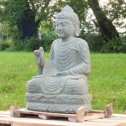 Buddha Stein Figur Statue Gartenfigur Steinfigur Dekofigur Gartendeko sitzend Massiv aus Greenstone Abaya 100 cm