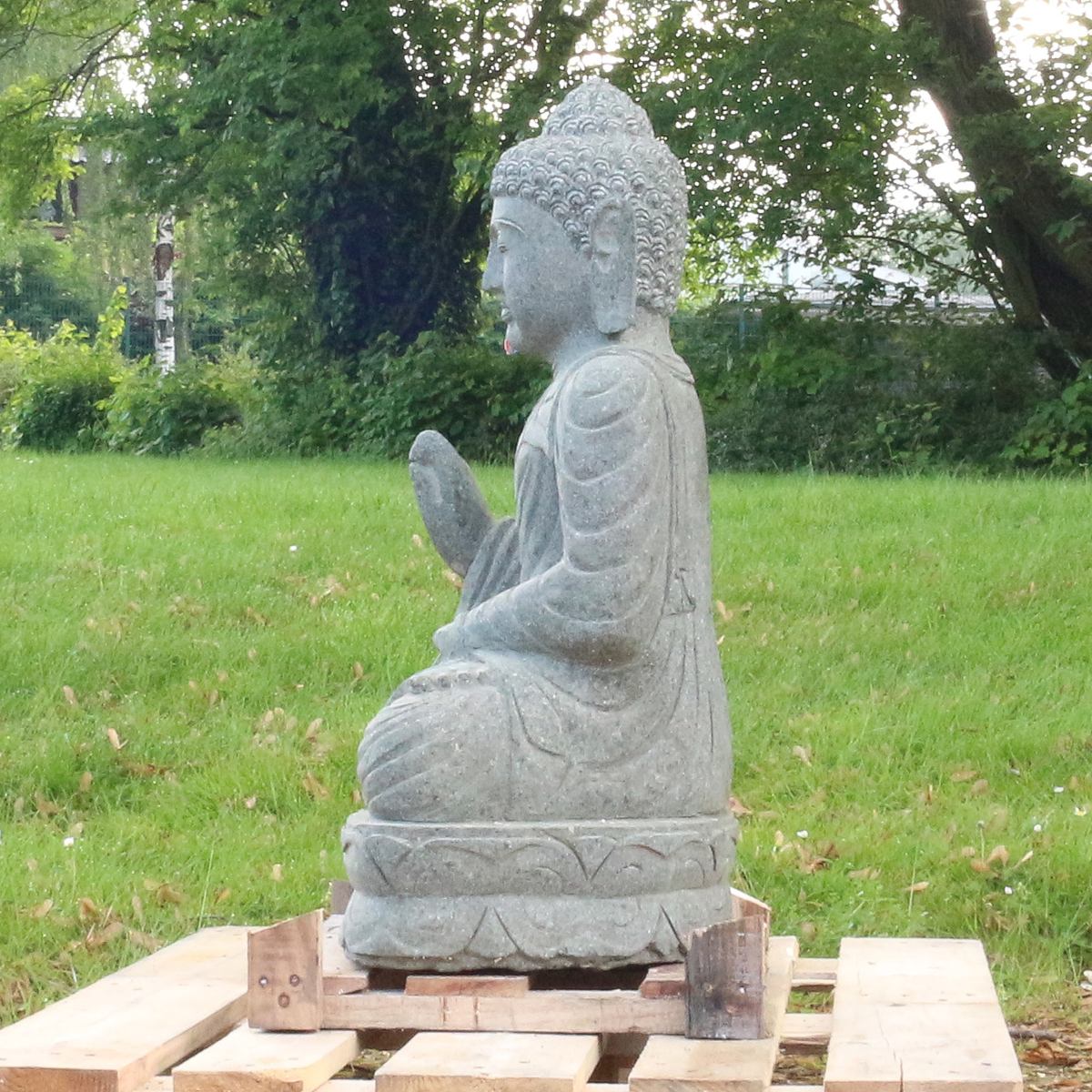 Buddha Stein Figur Statue Gartenfigur Steinfigur Dekofigur Gartendeko sitzend Massiv aus Greenstone Abaya 100 cm