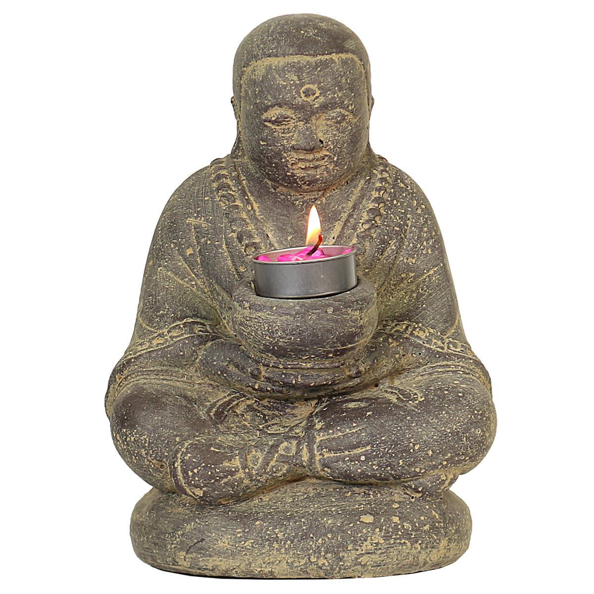 Mönch Figur Kerzen Skulptur Stein Lavasand Bali sitzend Gott Garten Deko Teelichthalter 20 cm