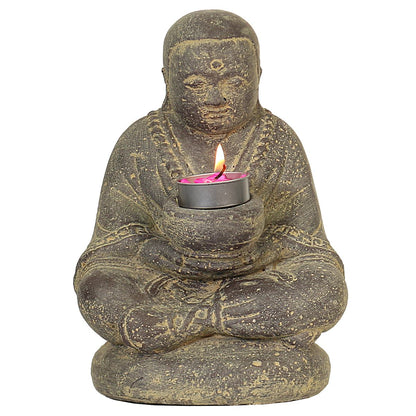 Mönch Figur Kerzen Skulptur Stein Lavasand Bali sitzend Gott Garten Deko Teelichthalter 20 cm