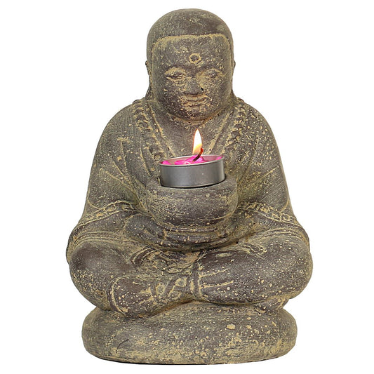Mönch Figur Kerzen Skulptur Stein Lavasand Bali sitzend Gott Garten Deko Teelichthalter 20 cm