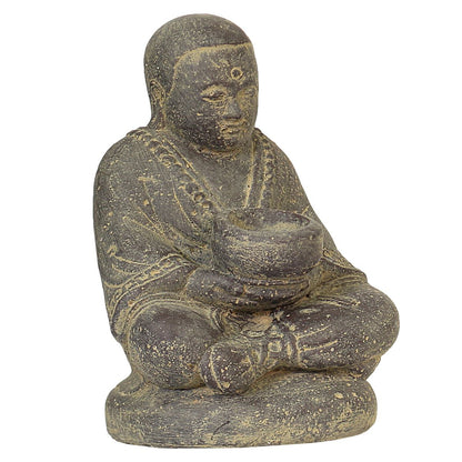 Mönch Figur Kerzen Skulptur Stein Lavasand Bali sitzend Gott Garten Deko Teelichthalter 20 cm