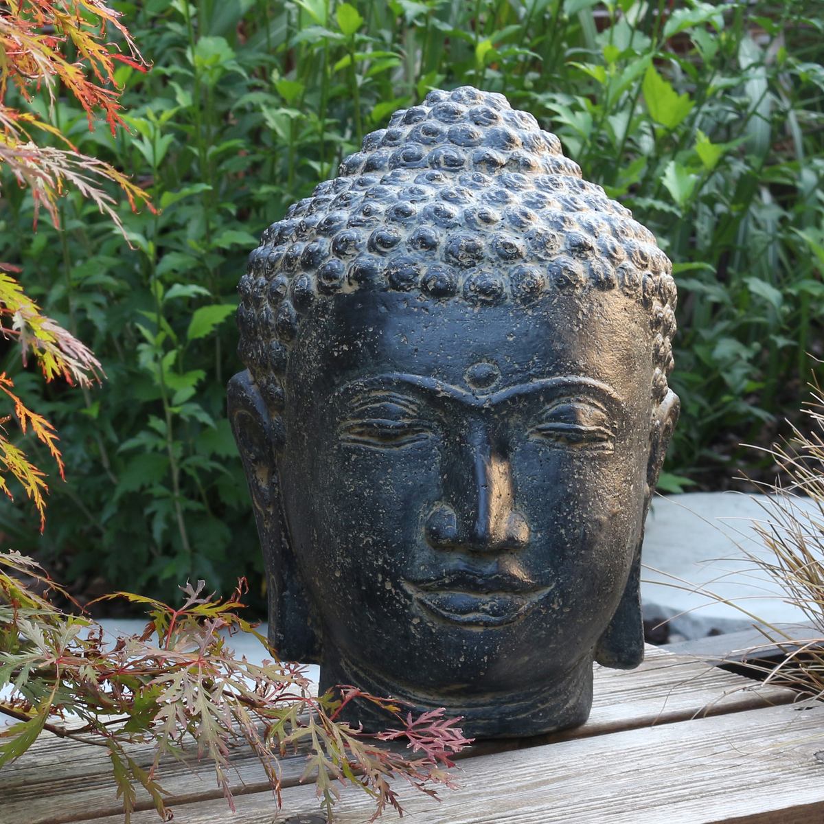 Buddha Kopf Figur 33 cm hoch aus Lavastein für Garten oder Innenbereich