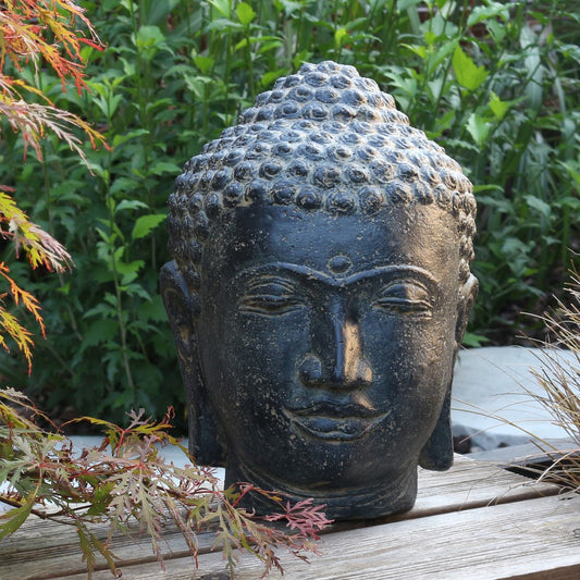 Buddha Kopf Figur 33 cm hoch aus Lavastein für Garten oder Innenbereich