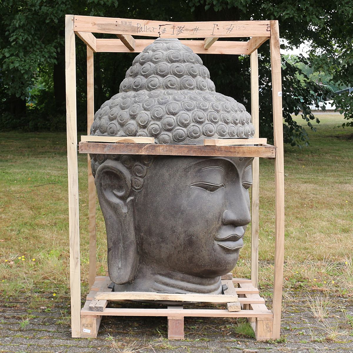 Buddha Kopf Figur Skulptur Stein Lavasand Bali Steinfigur Gartenfigur Buddhakopf Garten Deko Schwarz 120 cm