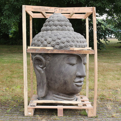Buddha Kopf Figur Skulptur Stein Lavasand Bali Steinfigur Gartenfigur Buddhakopf Garten Deko Schwarz 120 cm