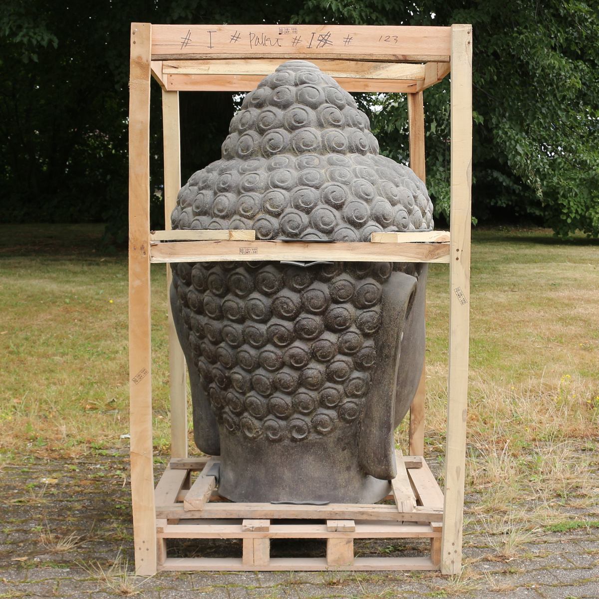Buddha Kopf Figur Skulptur Stein Lavasand Bali Steinfigur Gartenfigur Buddhakopf Garten Deko Schwarz 120 cm