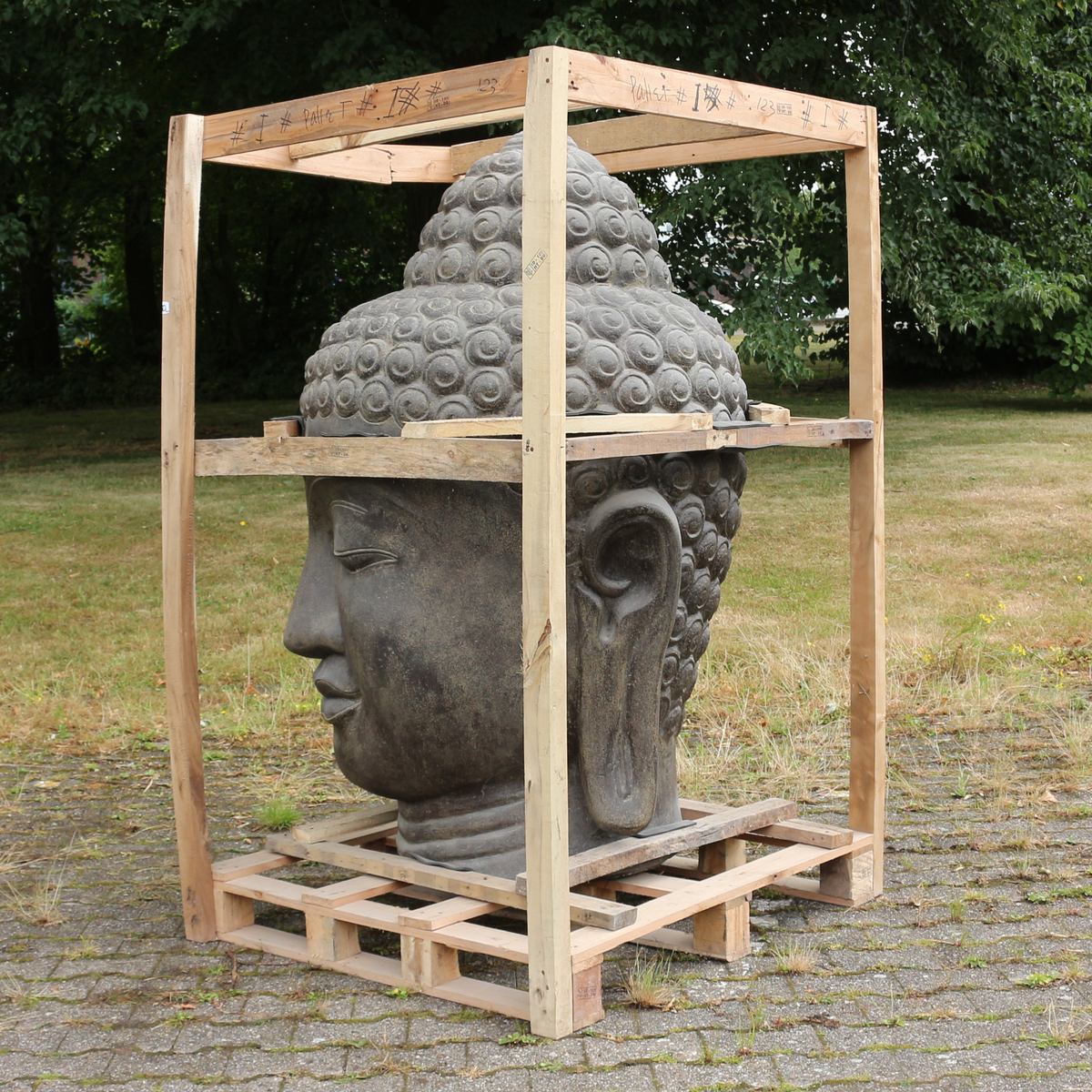 Buddha Kopf Figur Skulptur Stein Lavasand Bali Steinfigur Gartenfigur Buddhakopf Garten Deko Schwarz 120 cm