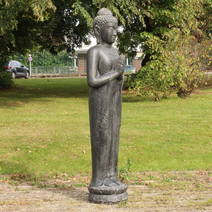 XXL Buddha Statue Lebensgroß Figur Skulptur Stehend Asien Indonesien Deko Steinguss Lavastein Gartenfigur Chakra 190 cm