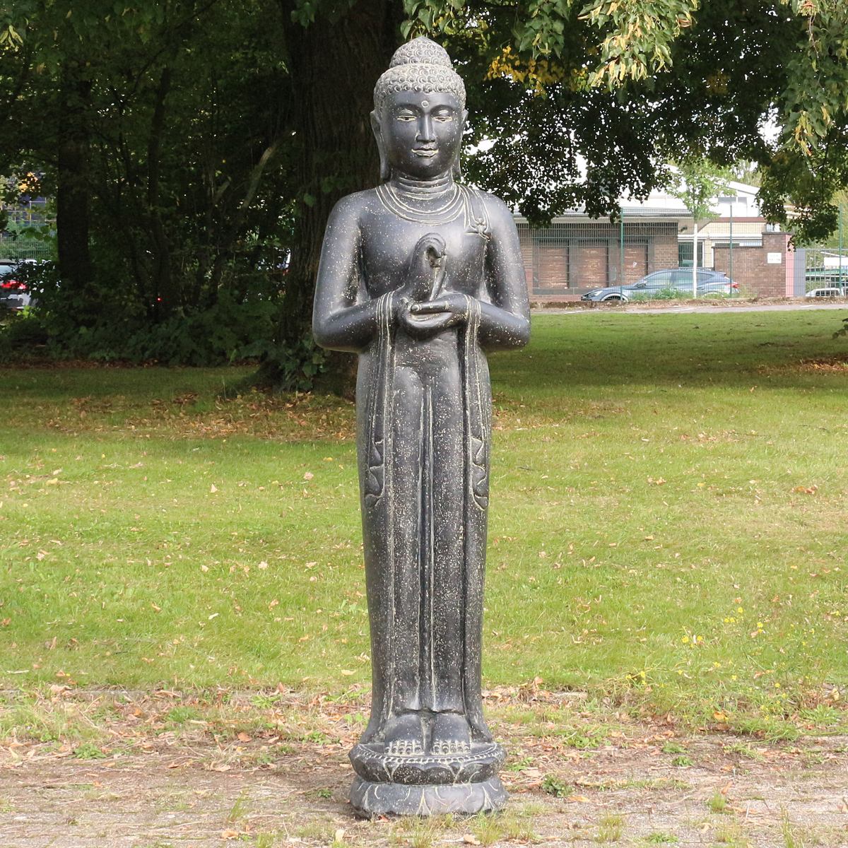 XXL Buddha Statue Lebensgroß Figur Skulptur Stehend Asien Indonesien Deko Steinguss Lavastein Gartenfigur Chakra 190 cm