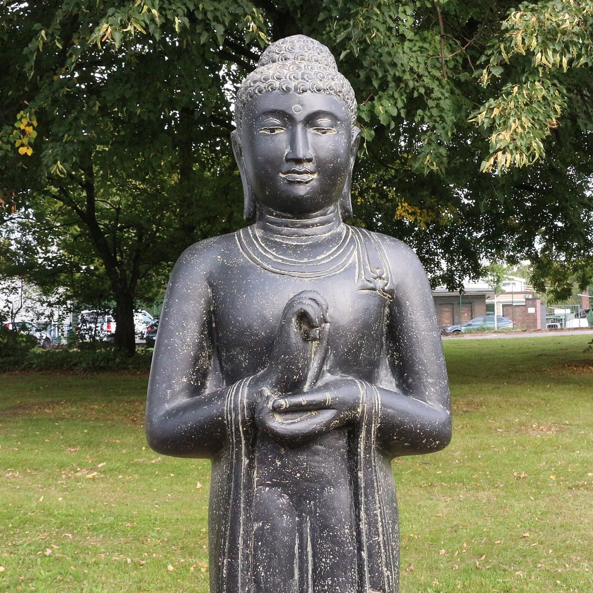 XXL Buddha Statue Lebensgroß Figur Skulptur Stehend Asien Indonesien Deko Steinguss Lavastein Gartenfigur Chakra 190 cm