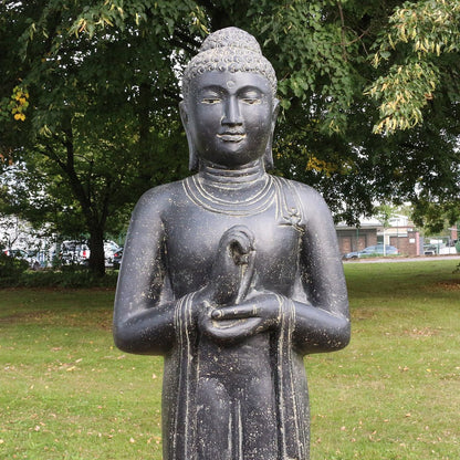 XXL Buddha Statue Lebensgroß Figur Skulptur Stehend Asien Indonesien Deko Steinguss Lavastein Gartenfigur Chakra 190 cm