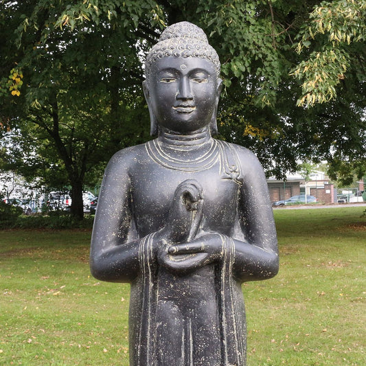XXL Buddha Statue Lebensgroß Figur Skulptur Stehend Asien Indonesien Deko Steinguss Lavastein Gartenfigur Chakra 190 cm