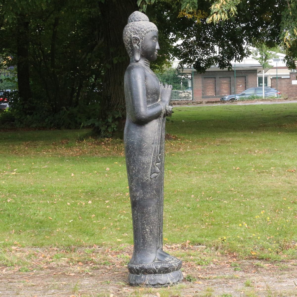 XXL Buddha Statue Lebensgroß Figur Skulptur Stehend Asien Indonesien Deko Steinguss Lavastein Gartenfigur Chakra 190 cm