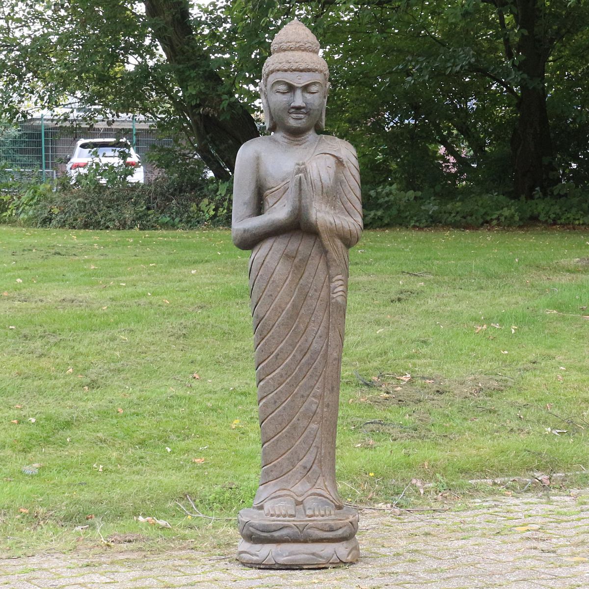 Buddha Stein Figur Statue Gartenfigur Steinfigur Dekofigur Gartendeko stehend Greenstone Antik Greetings 150 cm