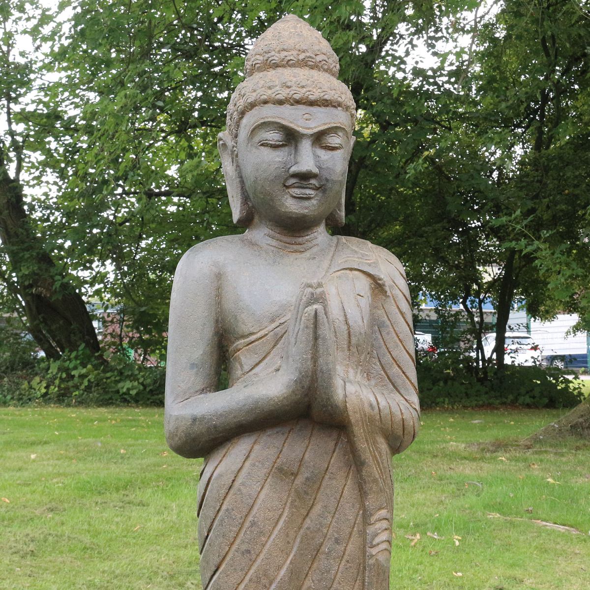 Buddha Stein Figur Statue Gartenfigur Steinfigur Dekofigur Gartendeko stehend Greenstone Antik Greetings 150 cm