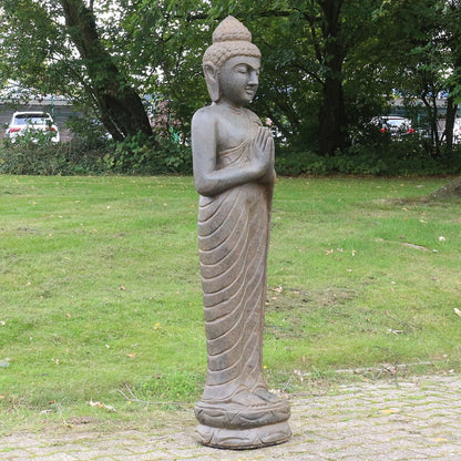 Buddha Stein Figur Statue Gartenfigur Steinfigur Dekofigur Gartendeko stehend Greenstone Antik Greetings 150 cm