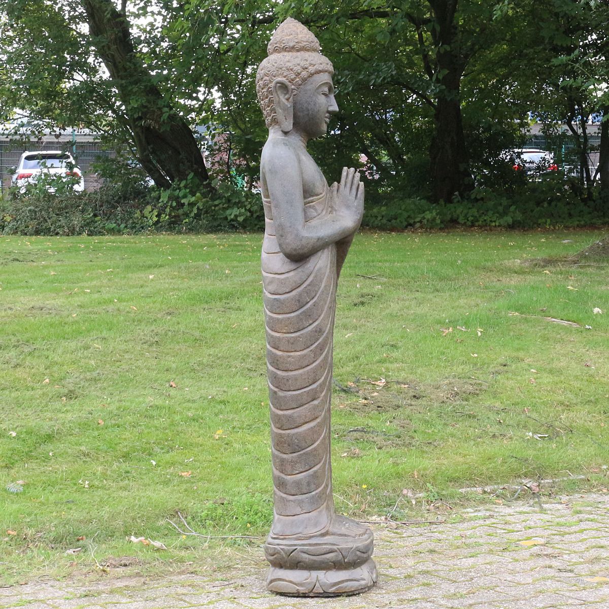 Buddha Stein Figur Statue Gartenfigur Steinfigur Dekofigur Gartendeko stehend Greenstone Antik Greetings 150 cm