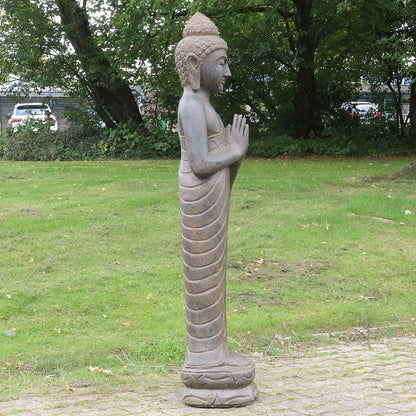 Buddha Stein Figur Statue Gartenfigur Steinfigur Dekofigur Gartendeko stehend Greenstone Antik Greetings 150 cm